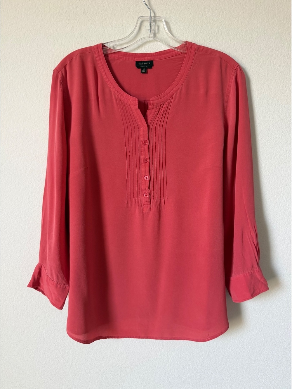 Talbots 100% Silk 3/4 Sleeve Half Button Pintuck Mauve Pink Blouse Size 14